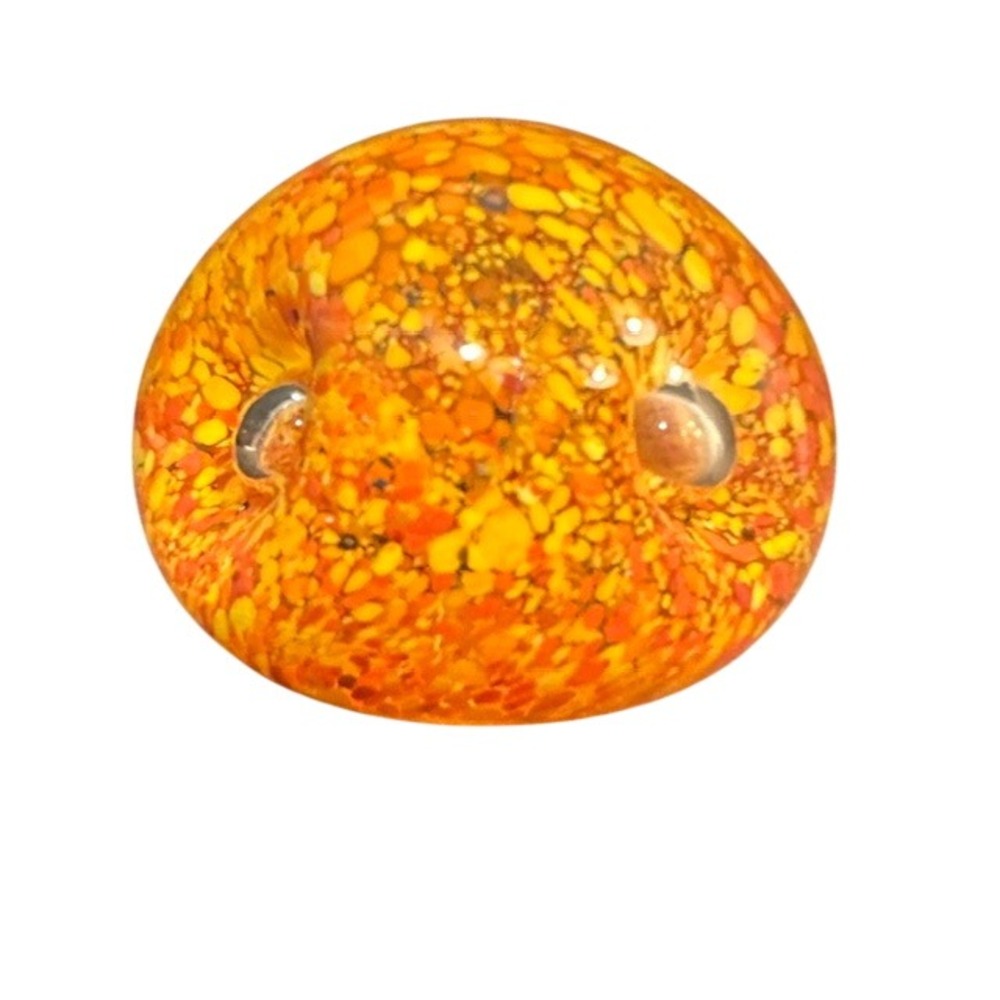 Hand Blown Art Glass Paperweight Orange Yellow Red Confetti Spatter 3in